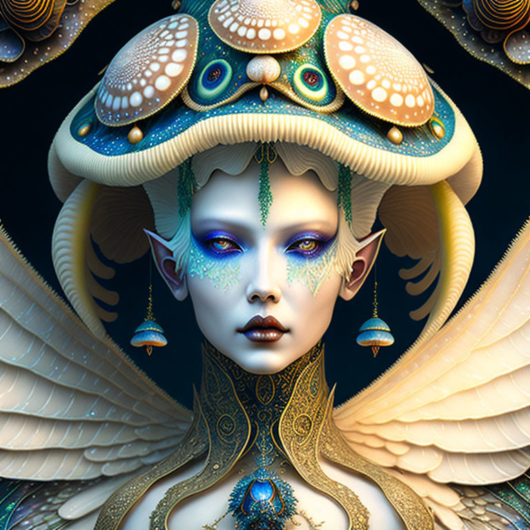 Fantasy portrait of female creature with mushroom cap headgear, gold collar, feathered wings, and