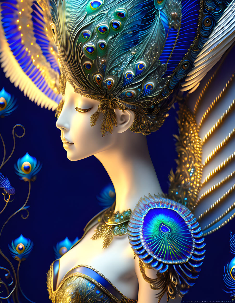 Detailed digital art: Woman in gold & peacock feather headdress, blue & gold attire