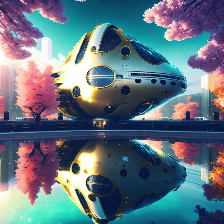 Yellow futuristic spaceship hovers over serene waters with pink flora and skyscrapers in the background.