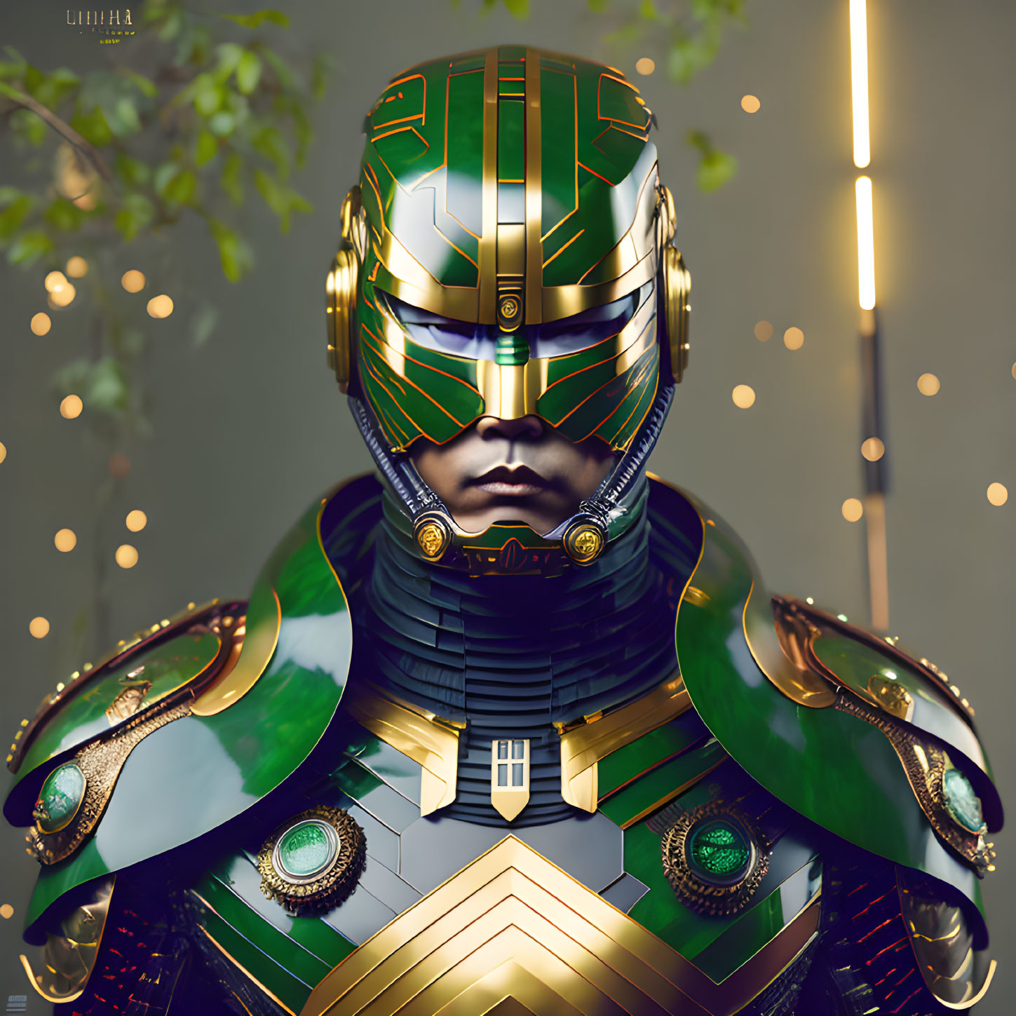 Detailed Green and Gold Futuristic Warrior with Ambient Golden Lights