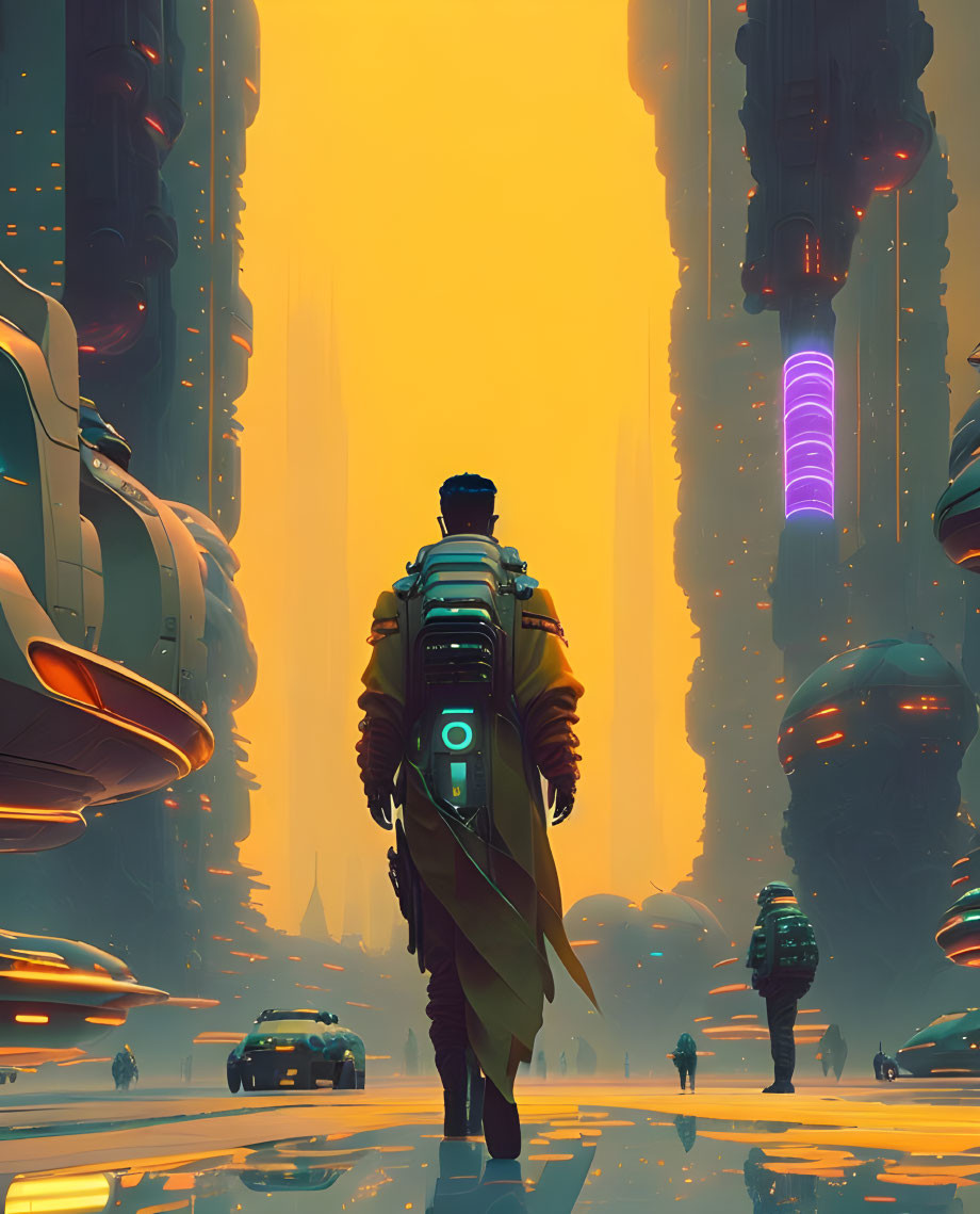 Futuristic backpack-wearing figure in vast cityscape with skyscrapers