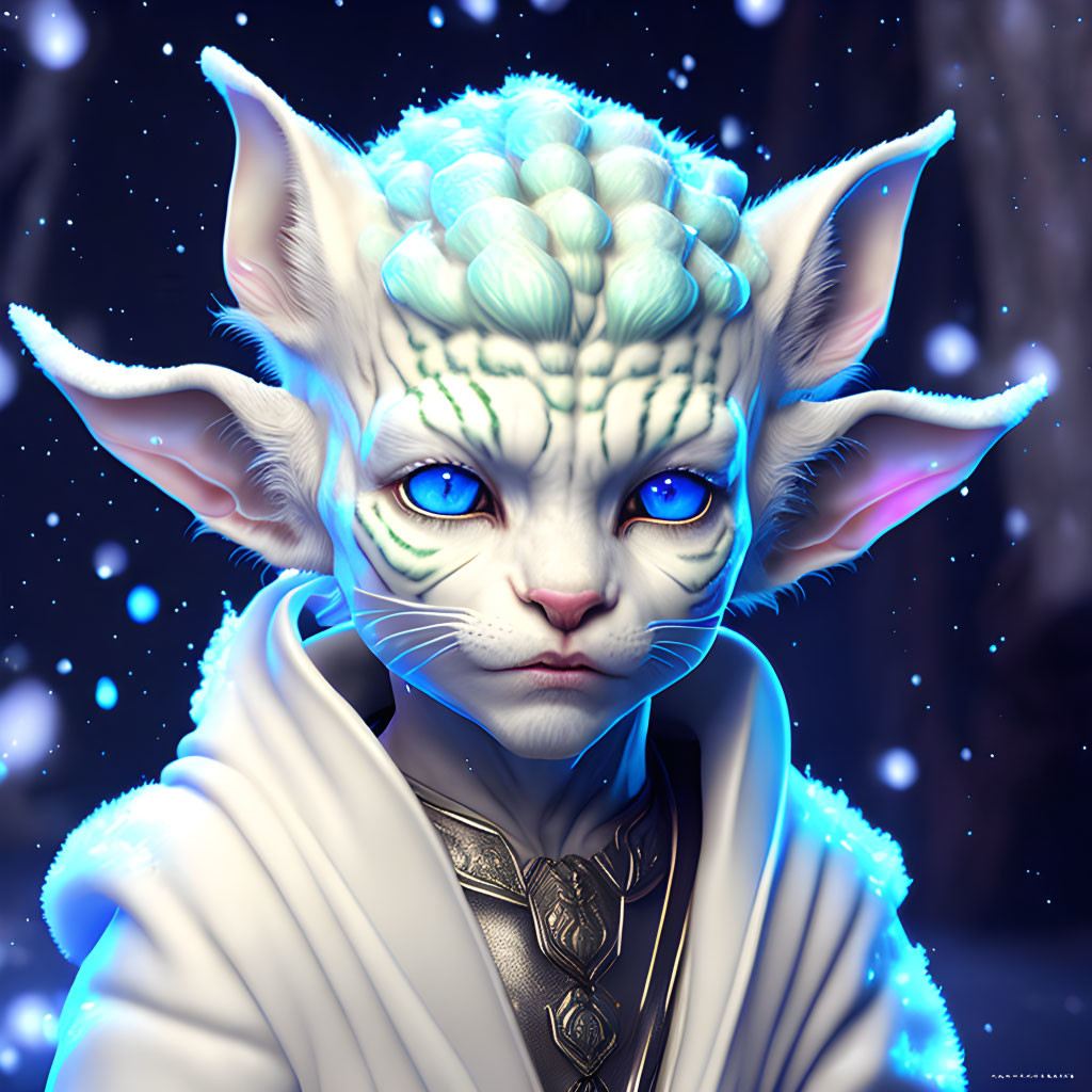 Illustration of humanoid feline creature with blue eyes, pale skin, and braids under starry
