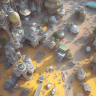 Futuristic cityscape with dome-shaped buildings and vehicles in desert setting
