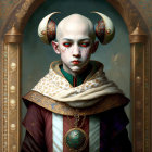 Fantasy character portrait with pale skin, curled horns, cloak, and decorative egg