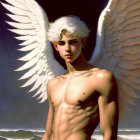 Blond angel with white wings on serene beach