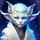 Illustration of humanoid feline creature with blue eyes, pale skin, and braids under starry