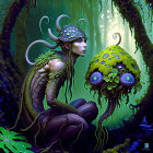 Green-skinned creature with ram-like horns under mushroom umbrella in mystical forest scene