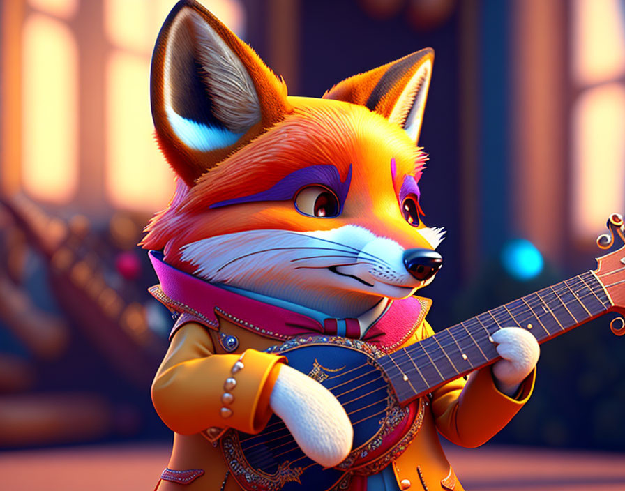 Animated Fox Playing Banjo in Purple Jacket and Red Scarf
