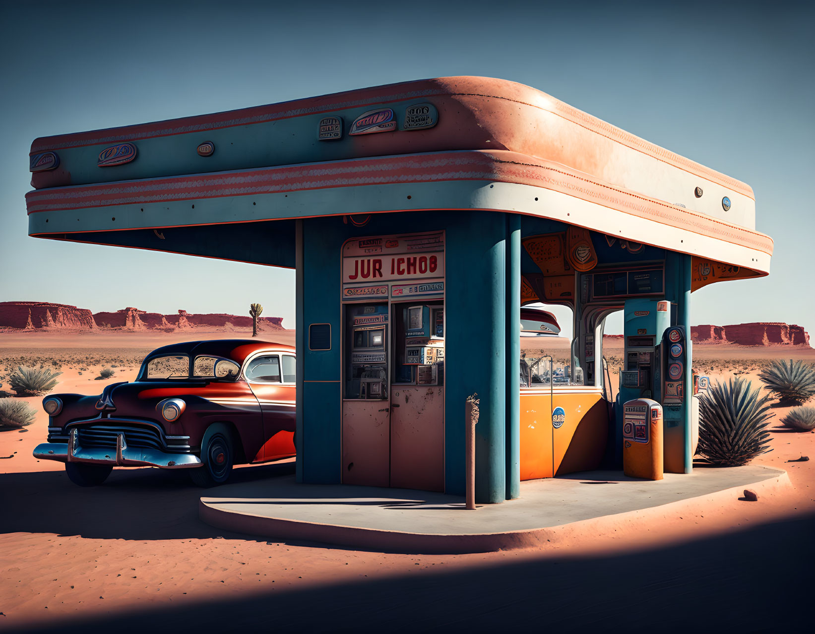 Vintage Car at Old-Fashioned Desert Gas Station with Retro Pumps