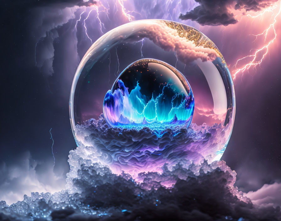 Transparent Sphere with Stormy Seascape and Lightning