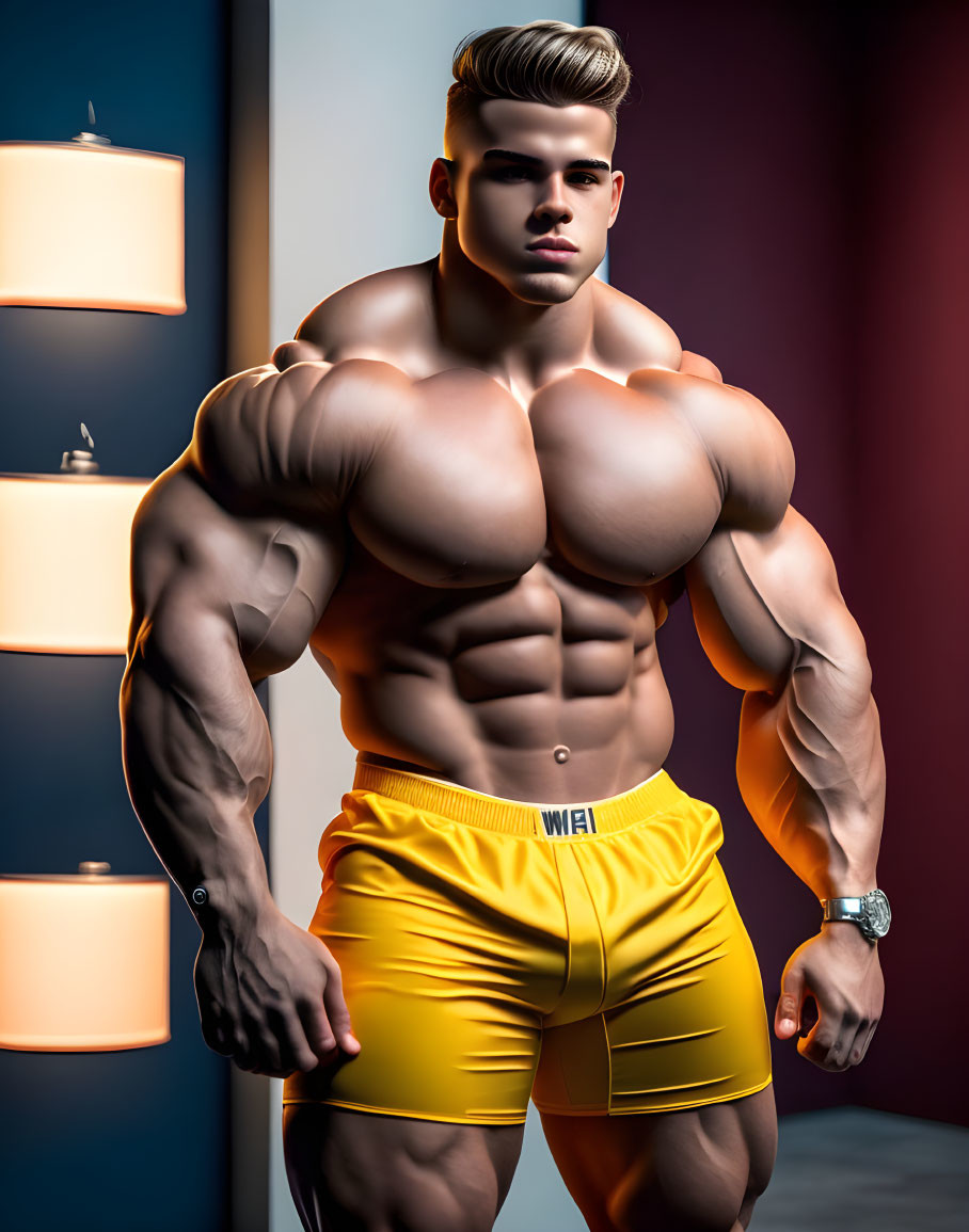 Muscular figure in yellow shorts under dramatic lighting