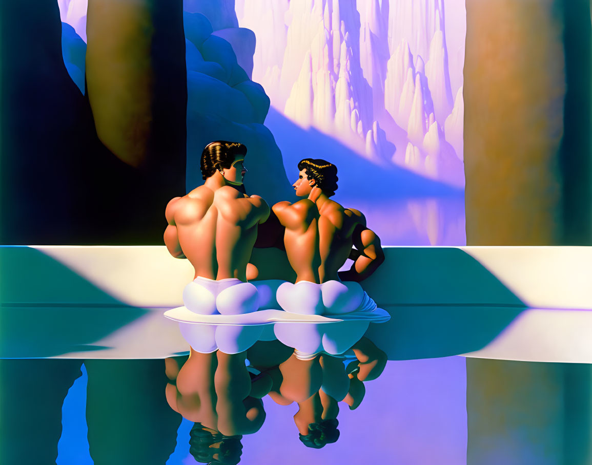 Stylized figures on reflective surface with surreal background