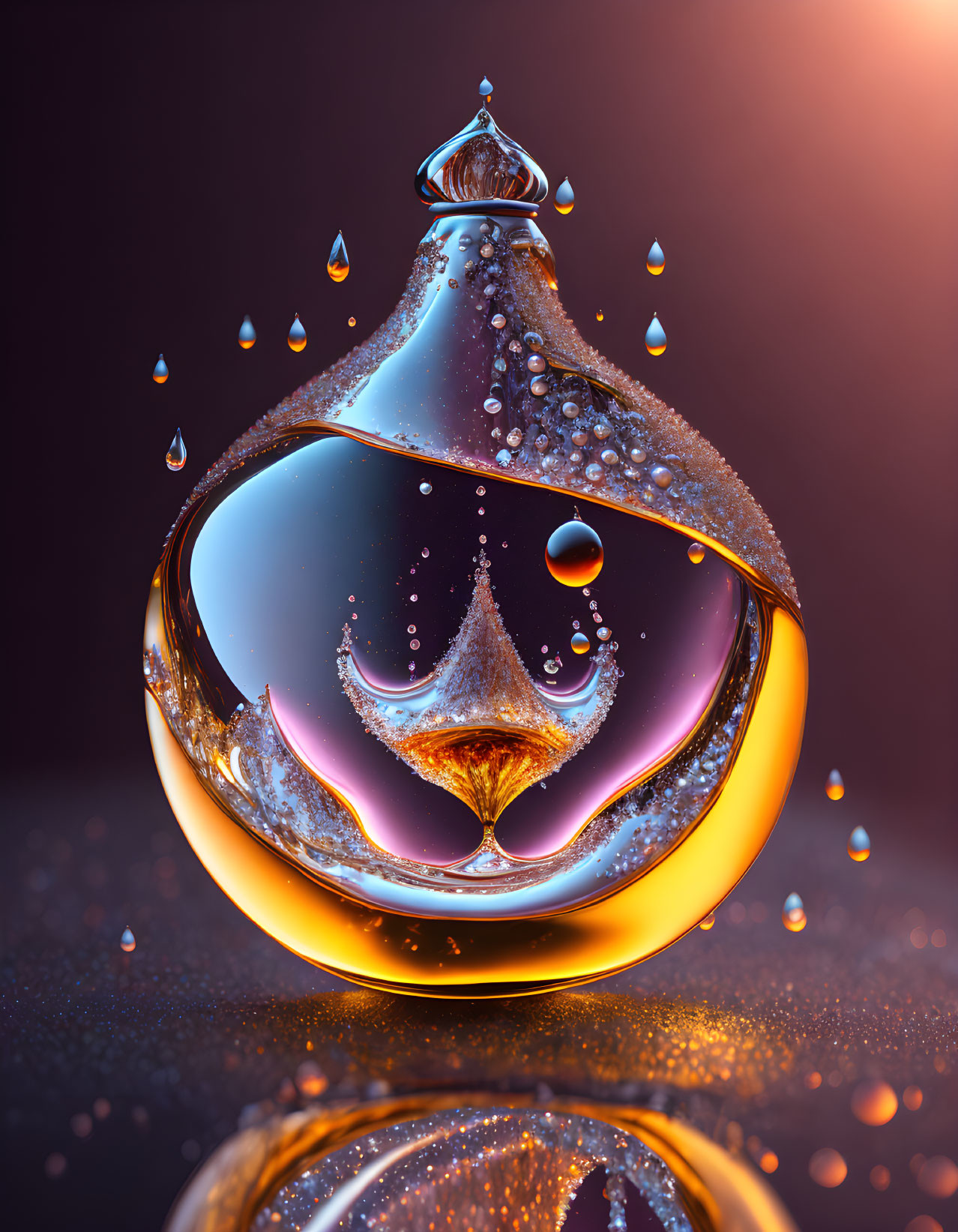 Shiny spherical droplet with rising smaller droplet on warm bokeh background