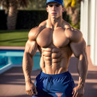 Muscular man in cap and shorts by pool with sunset and palm trees