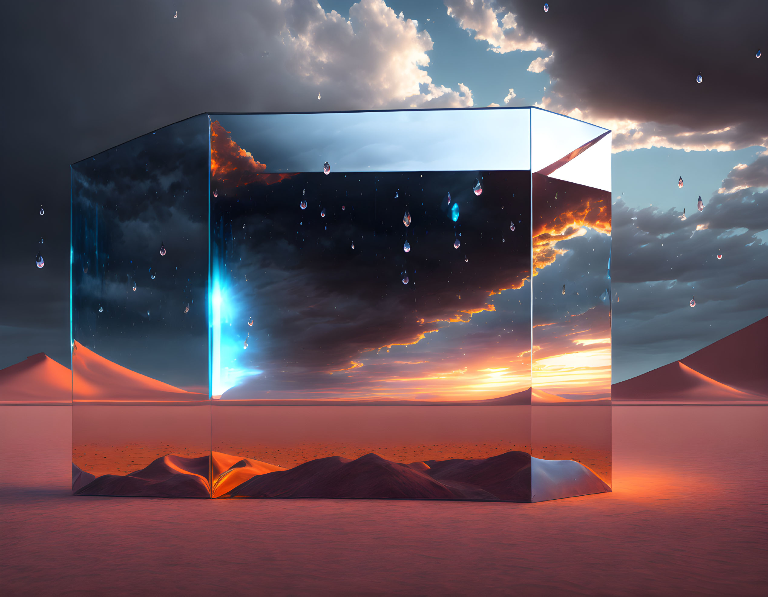Surreal image: glossy cube reflects stormy night sky in desert at sunset