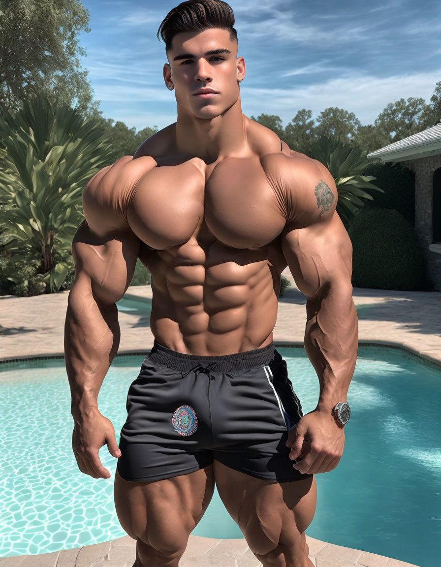 Muscular person with abs poses by pool in shorts and wristwatch