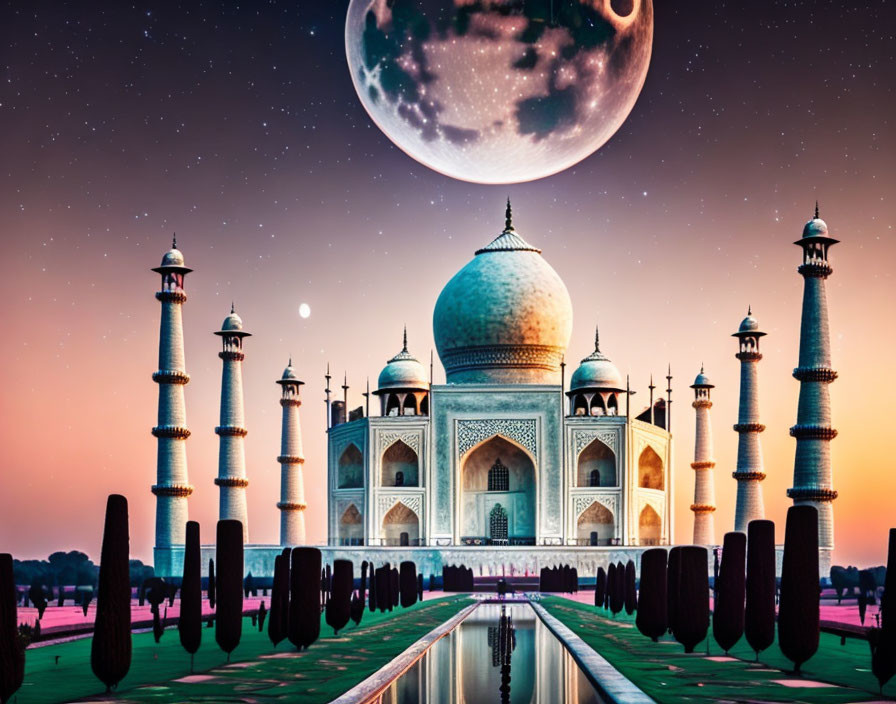 Iconic Taj Mahal Silhouetted by Oversized Moon and Reflecting in Water at Twilight