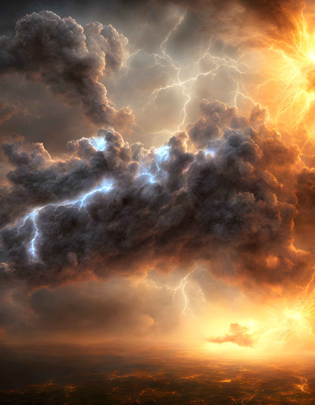 Thunderstorm scene with lightning bolts and glowing sunset landscape