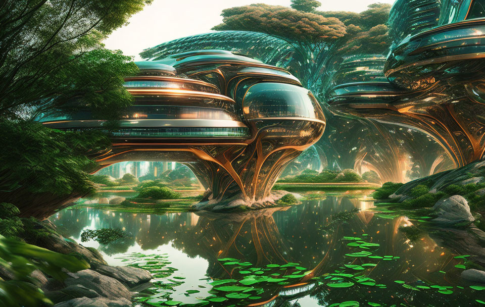 Sleek futuristic tree-like buildings in lush forest setting