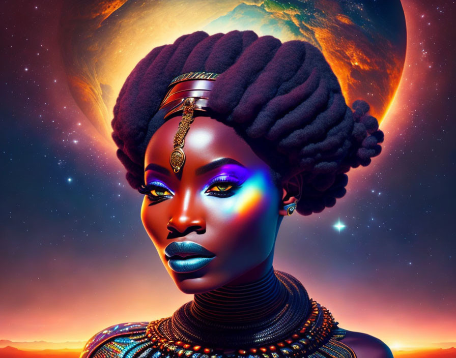 Digital artwork: Woman with African accessories in cosmic setting
