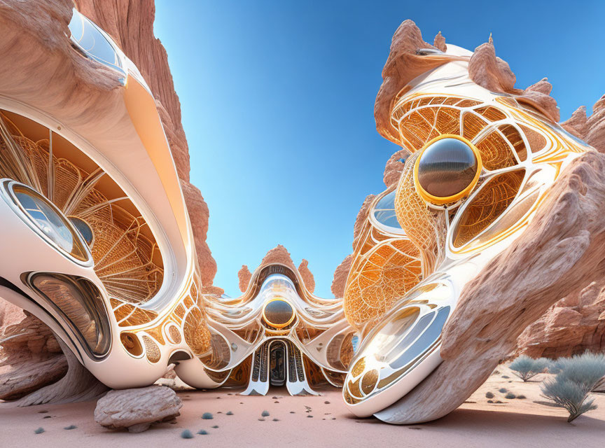 Futuristic desert landscape with organic architecture and spherical windows
