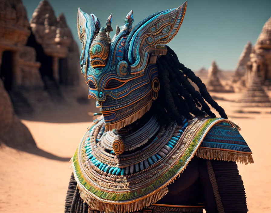 Elaborate tribal-style armor with blue and gold designs in desert landscape