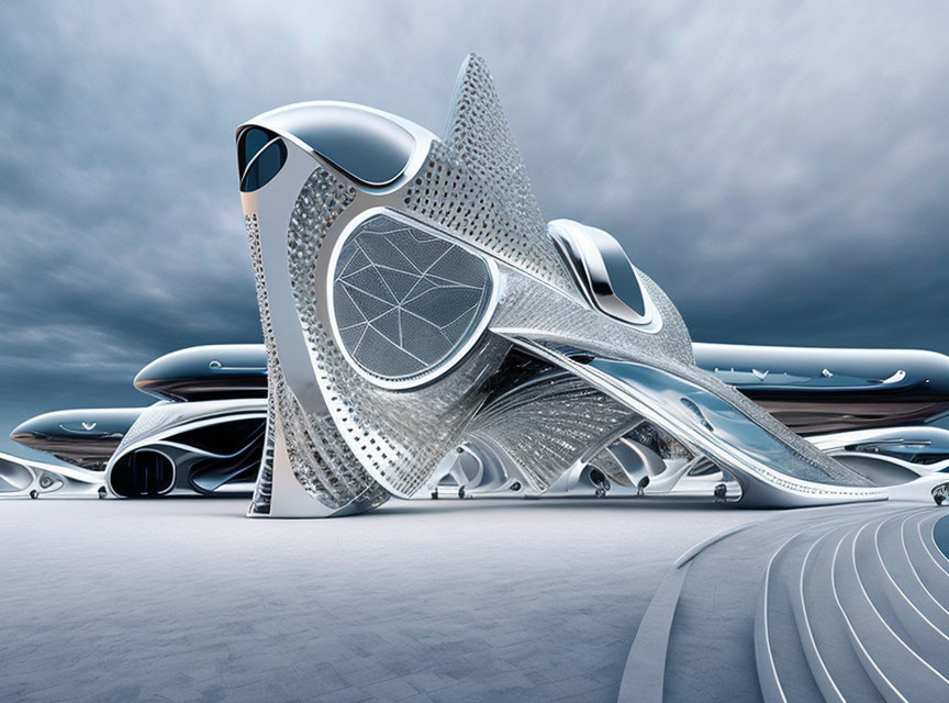 Futuristic architecture with fluid forms and metallic facades under a cloudy sky