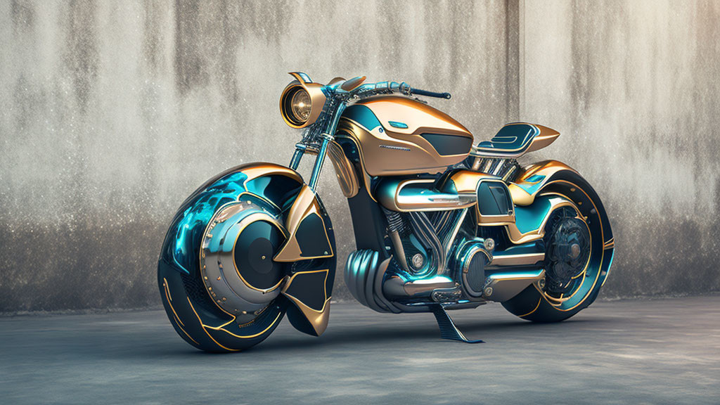 Sleek Golden and Teal Futuristic Motorcycle with Hubless Wheels