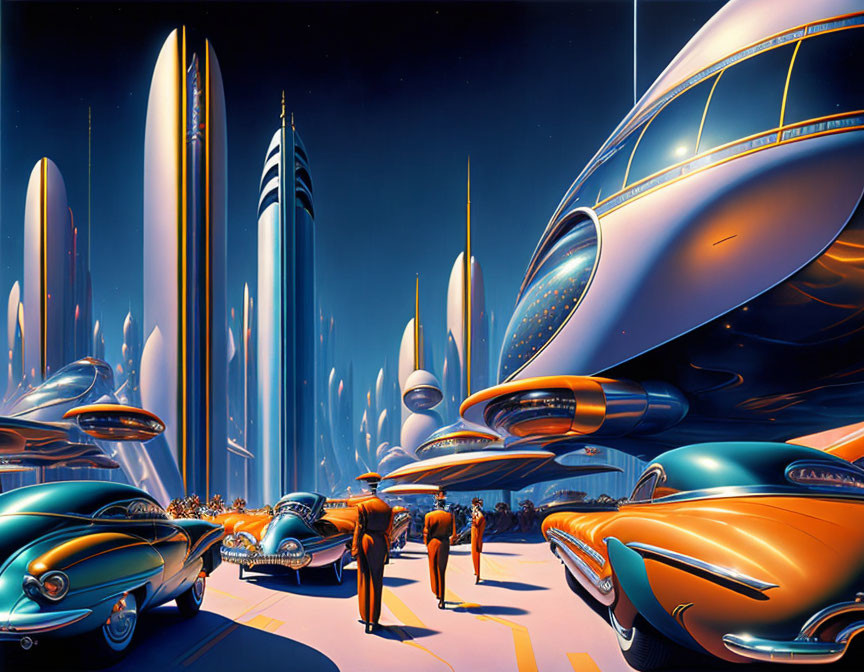 Futuristic cityscape with sleek vehicles and towering buildings at twilight