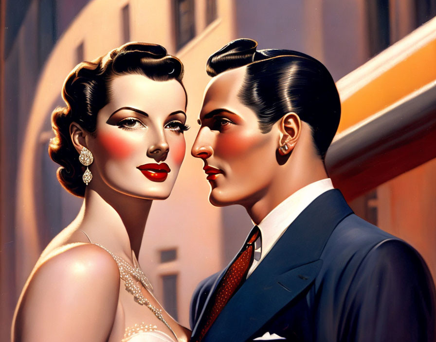 Stylized illustration of elegant couple in cityscape.