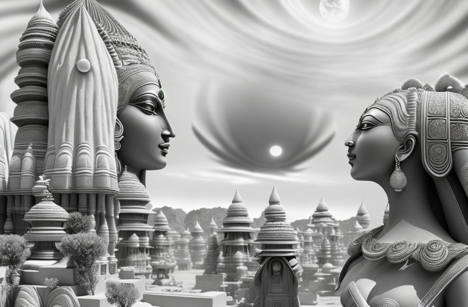 Monochrome male and female Indian figure sculptures with traditional attire and headdresses against temple backdrop