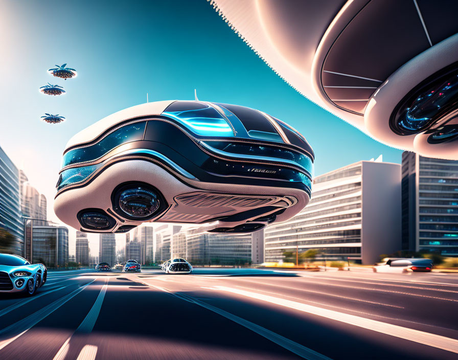 Futuristic cityscape with flying cars and drones among tall skyscrapers