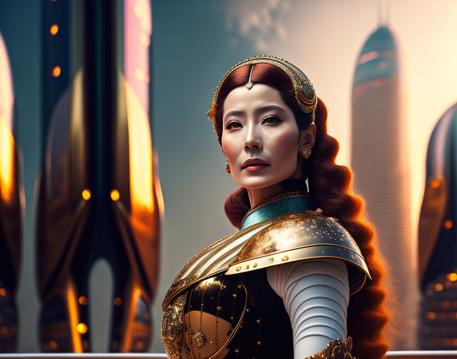Ornate golden armor woman against futuristic cityscape