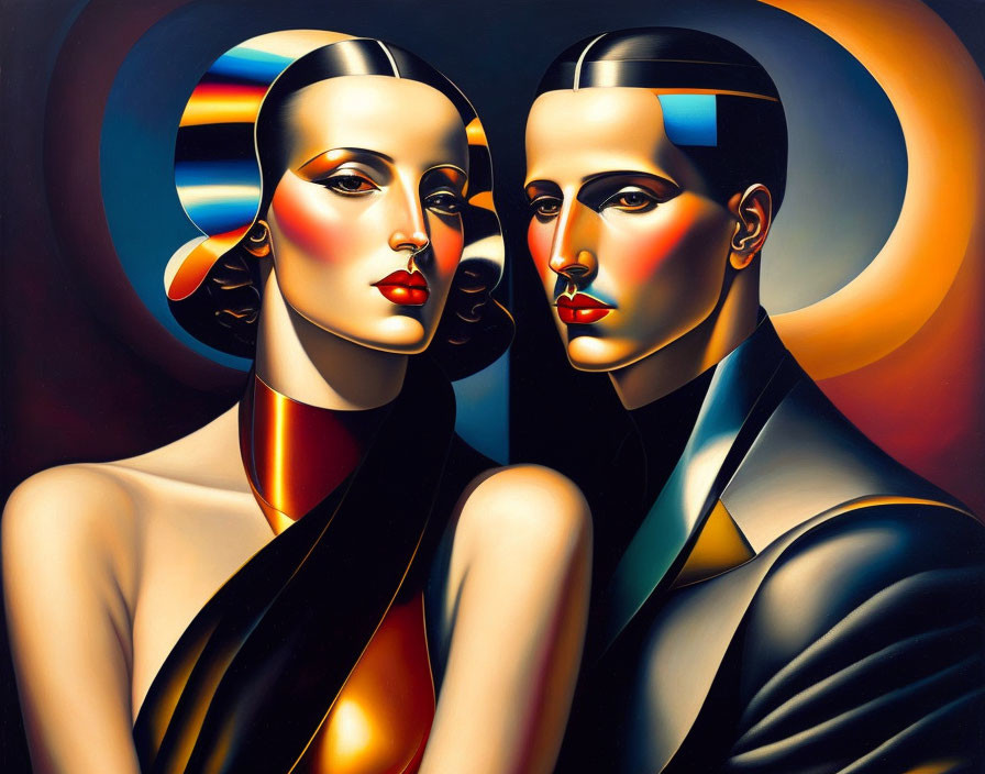Abstract portrait of man and woman against vibrant geometric backdrop