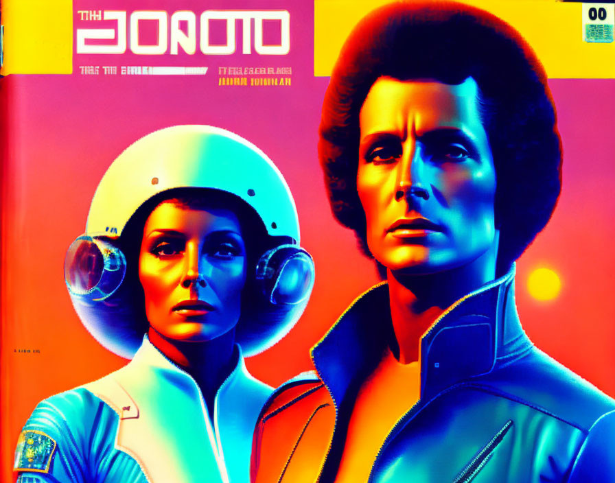 Illustration of man and woman in futuristic space suits on vibrant red and yellow backdrop