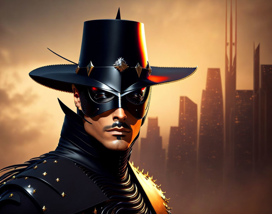 Stylized portrait of masked figure with wide-brimmed hat against city skyline at sunset