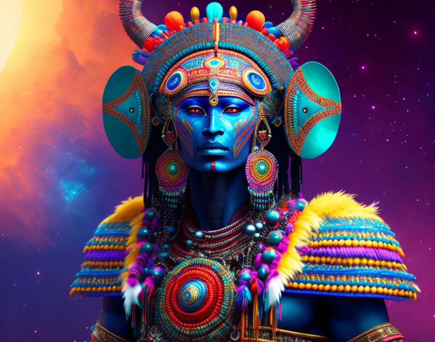 Colorful digital artwork of figure with blue skin and tribal headdress against cosmic backdrop