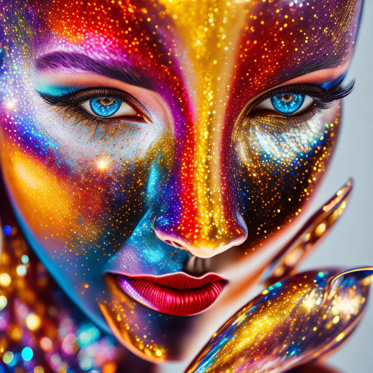 Close-up of person with vibrant cosmic-themed makeup and deep blue eyes.