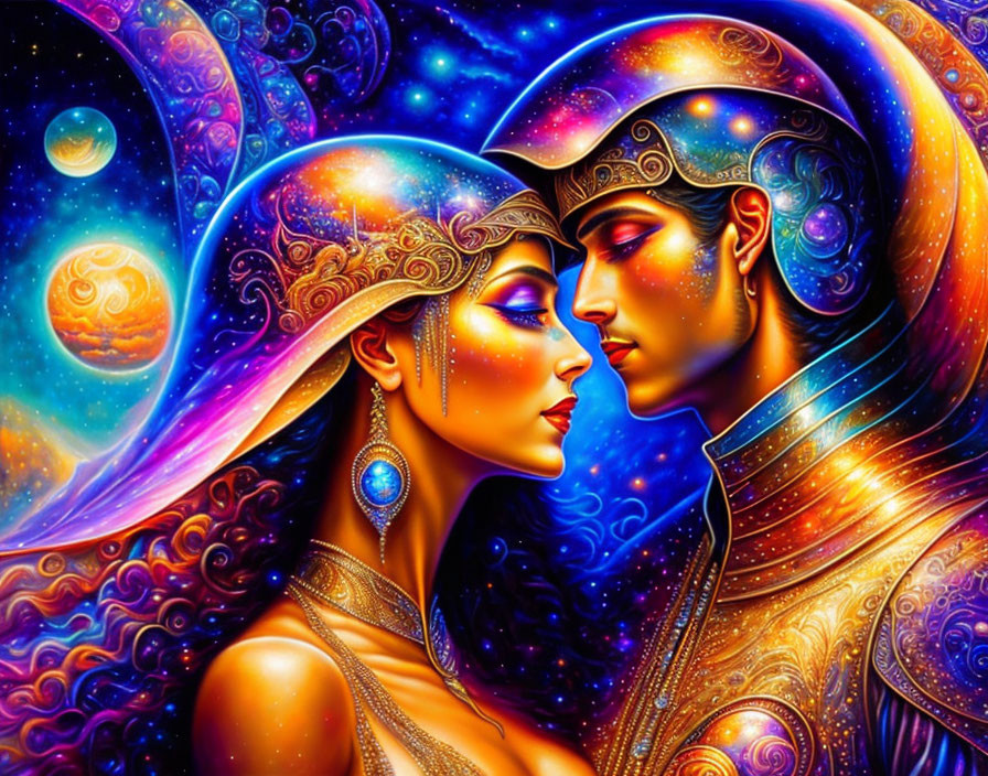 Cosmic-themed digital artwork of man and woman with foreheads touching
