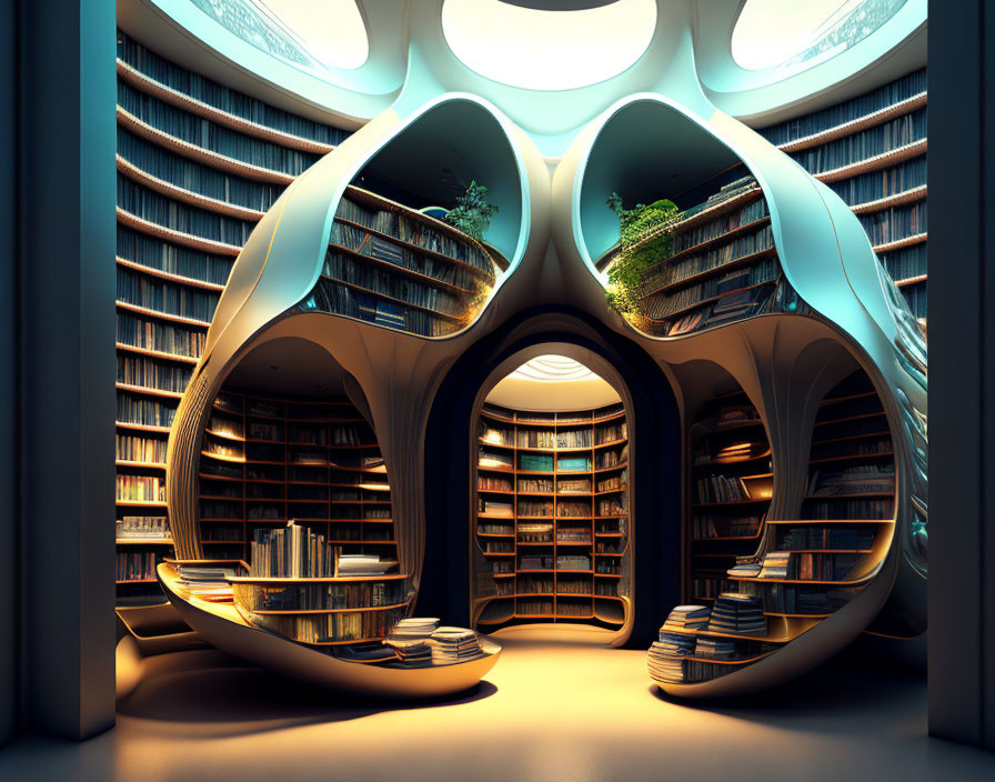 Organic-shaped futuristic library with circular seating, book-filled shelves, plants, and blue lighting