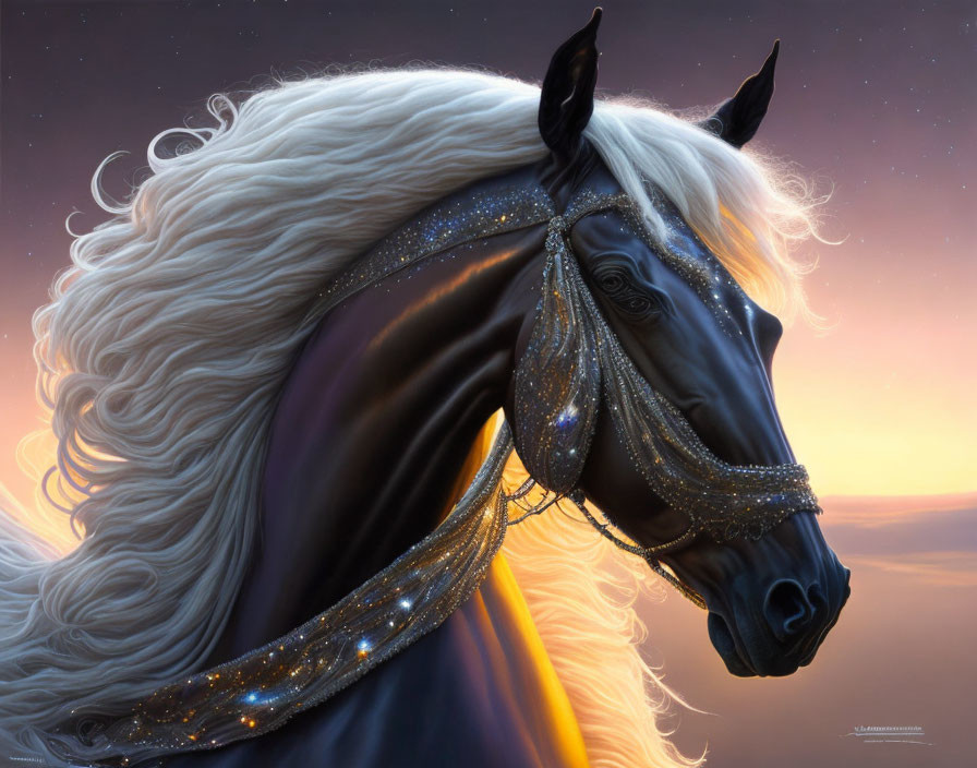Ethereal black horse with shimmering mane in dusky sky