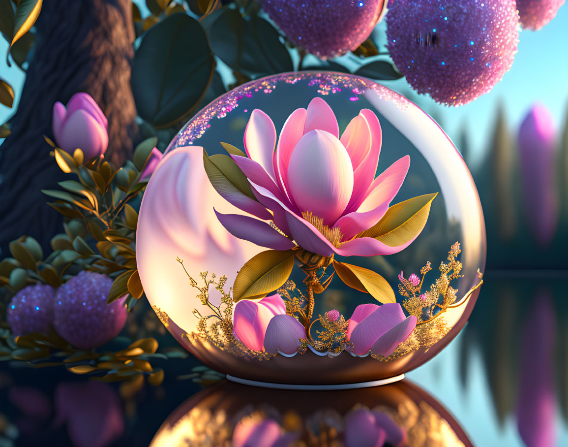 Surreal illustration of glossy sphere with magnolia flower on dreamy background