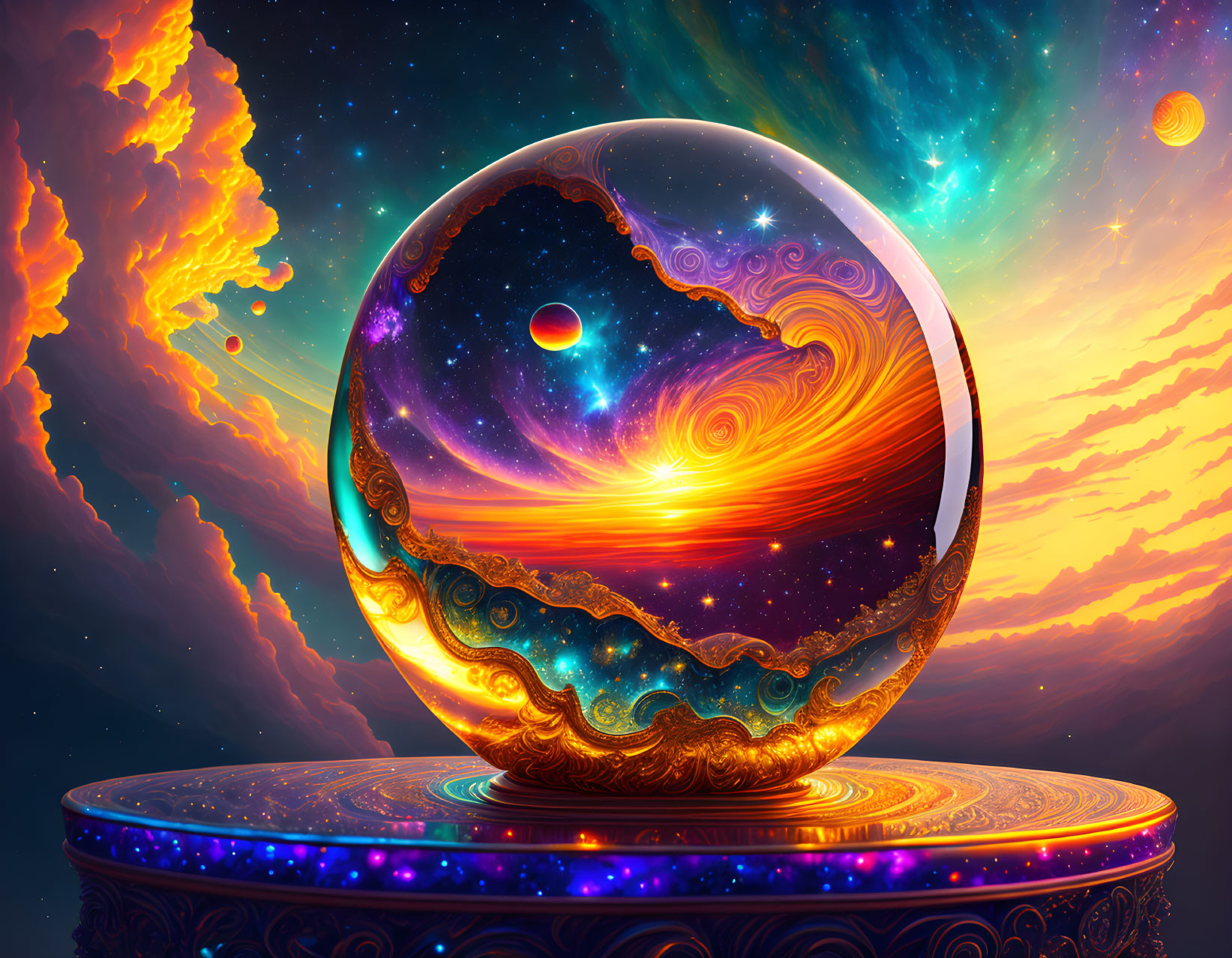 Colorful digital artwork: Swirling patterns on spherical object in celestial sky.