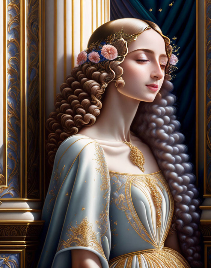 Detailed illustration of woman with curly floral hair in blue and gold dress by classical columns.
