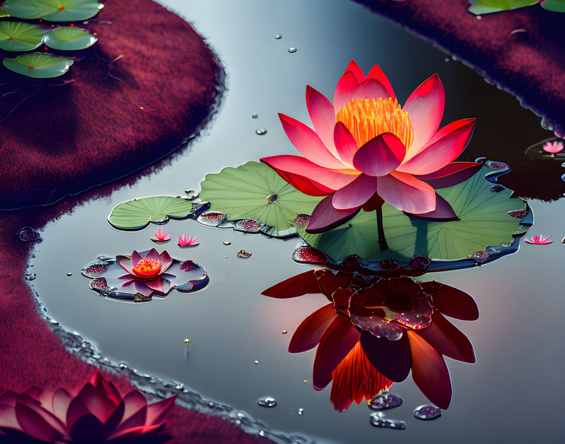 Digital artwork: Lotus flowers & leaves on serene water with reflections & light effects