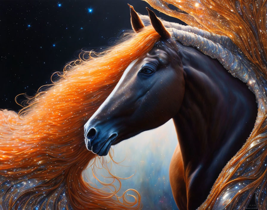 Black horse with fiery orange mane in starry night sky