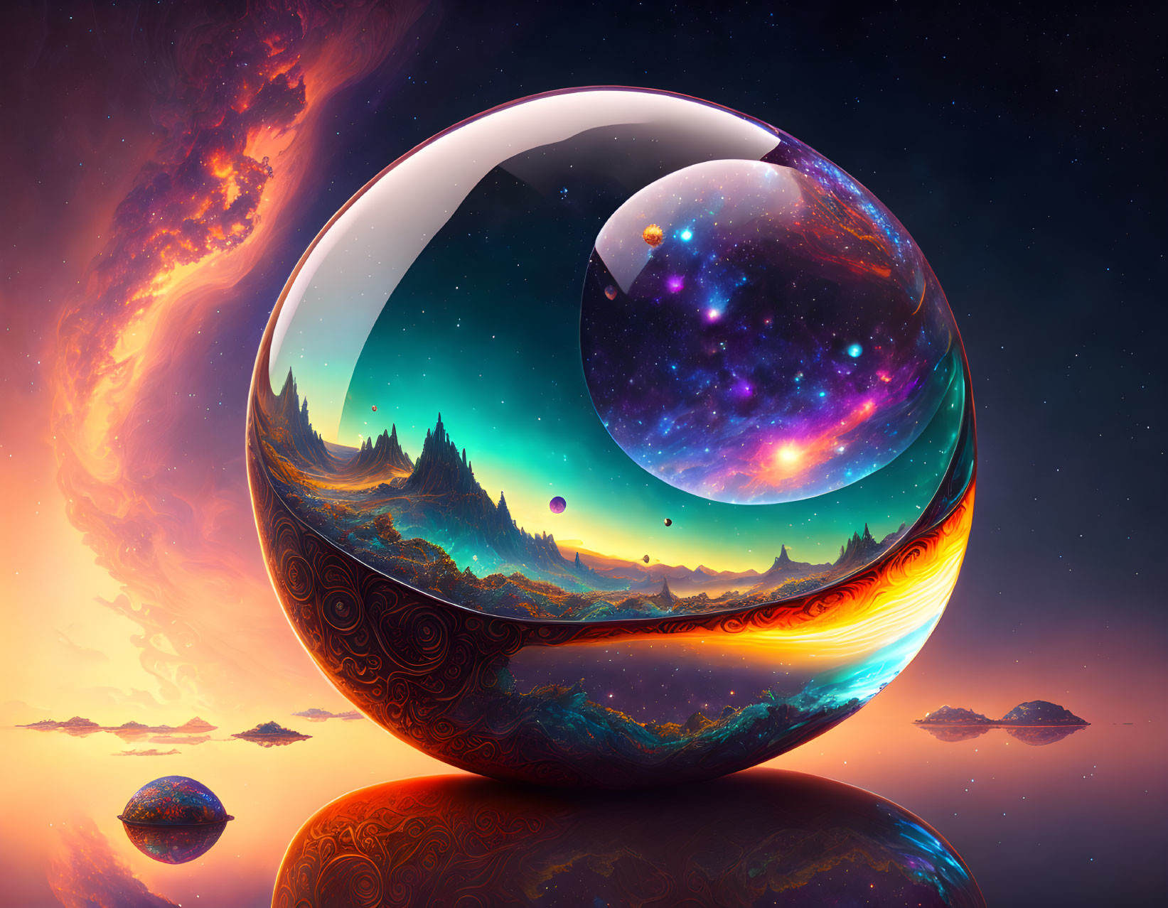 Surreal cosmic landscape with large reflective orb and starry sky