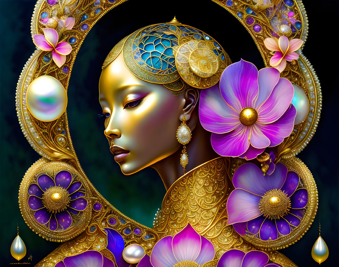Golden-skinned woman with jewelry, pearls, and purple flowers in decorative headdress.