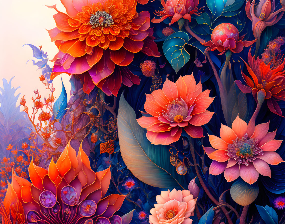 Colorful digital artwork: Stylized flowers in orange, red, and blue with intricate leaves.