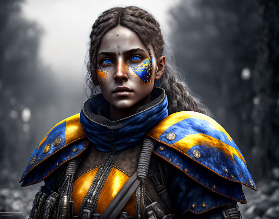 Digital portrait of woman with blue warpaint and armor in forest setting